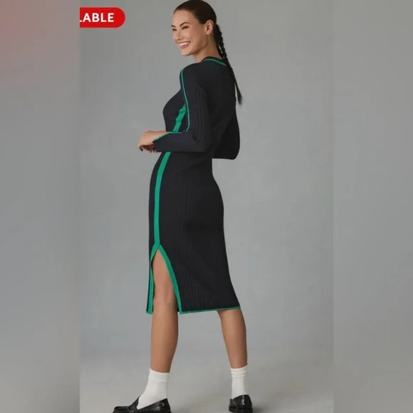 Anthropologie Daily Practice XL Ribbed Sweater Dress Black Green Stripe Midi - Picture 3 of 8